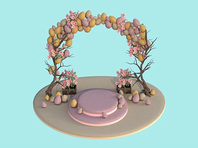 Decorative Spring Arch With Colorful Eggs Pink Flowers And Round Platform 3d model