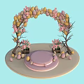 Decorative Spring Arch With Colorful Eggs Pink Flowers And Round Platform