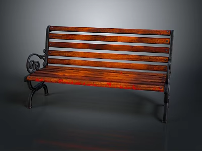 Vintage Wooden Slat Bench With Metal Armrests And Legs Against Gray Background 3d model