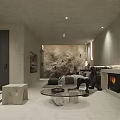 Modern Hotel Room Interior With Fireplace Gray Walls Bed And Decorative Lighting