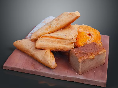Freshly Baked Flaky Pastries and Assorted Bread Loaves on Wooden Board 3d model