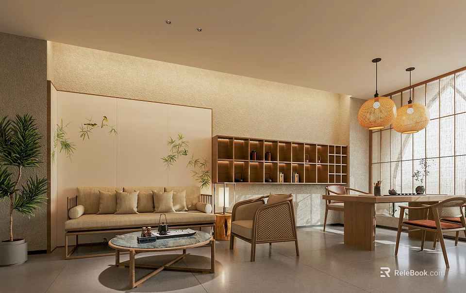 Serene Modern Tea Room Interior With Bamboo Patterns Sofa Coffee Table And Pendant Lights 3d model