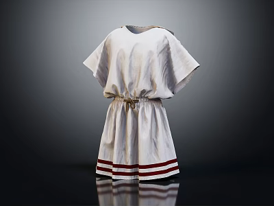 Elegant White Short Sleeved Dress with Belt and Red White Striped Hem Design 3d model