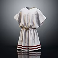 Elegant White Short Sleeved Dress with Belt and Red White Striped Hem Design