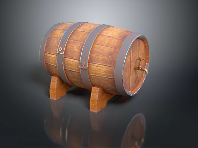 Traditional Wooden Barrel With Metal Hoops Stand And Tap For Wine Storage 3d model