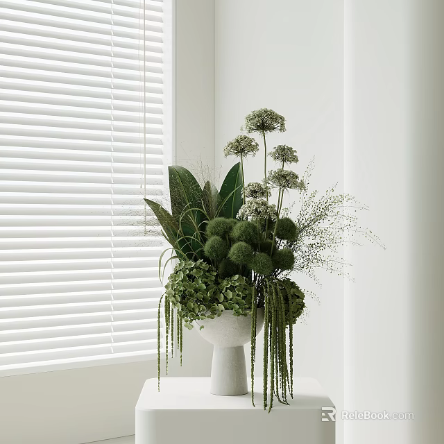 White Vase With Green Plants Round Flowers And Hanging Foliage By Window With Blinds 3d model 