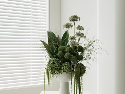 White Vase With Green Plants Round Flowers And Hanging Foliage By Window With Blinds 3d model