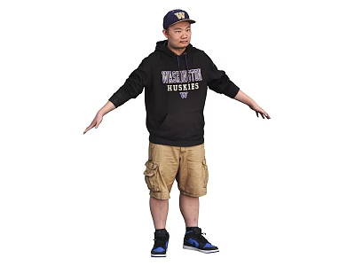 Man Wearing Cap Black Hoodie With WEST HILLS Khaki Shorts And Black Sneakers Arms Outstretched 3d model