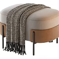 Beige And Brown Upholstered Ottoman With Woven Blanket And Black Metal Legs