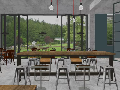 Modern Cafe With Large Windows Green View Long Wooden Table Metal Stools Hanging Lights 3d model
