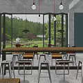 Modern Cafe With Large Windows Green View Long Wooden Table Metal Stools Hanging Lights