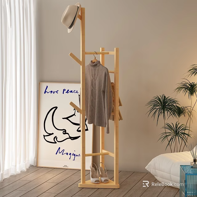 Wooden Clothes Hanger with Gray Sweater Shoes in Bedroom with Curtain Green Plants and Artwork 3d model 