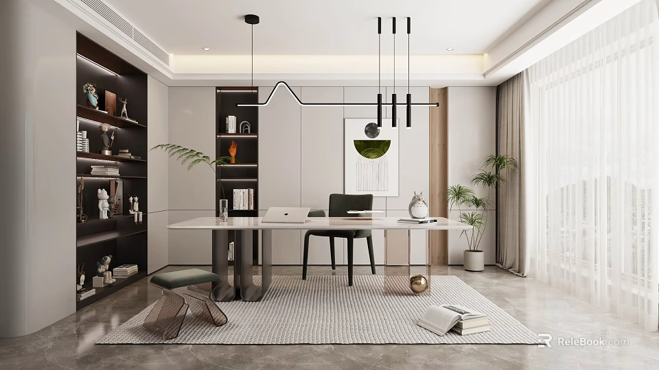 Modern Study Room Interior Design With Wooden Desk Chair Bookshelves And Pendant Lights Plants Artwork 3d model 