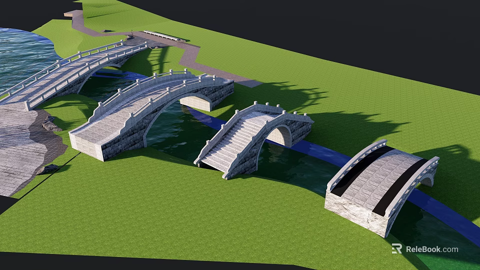 Scenic Stone Arch Landscape Bridges With Green Grass And Water Stream 3d model 