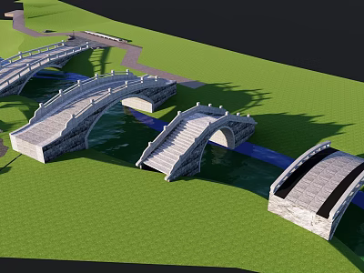 Scenic Stone Arch Landscape Bridges With Green Grass And Water Stream 3d model
