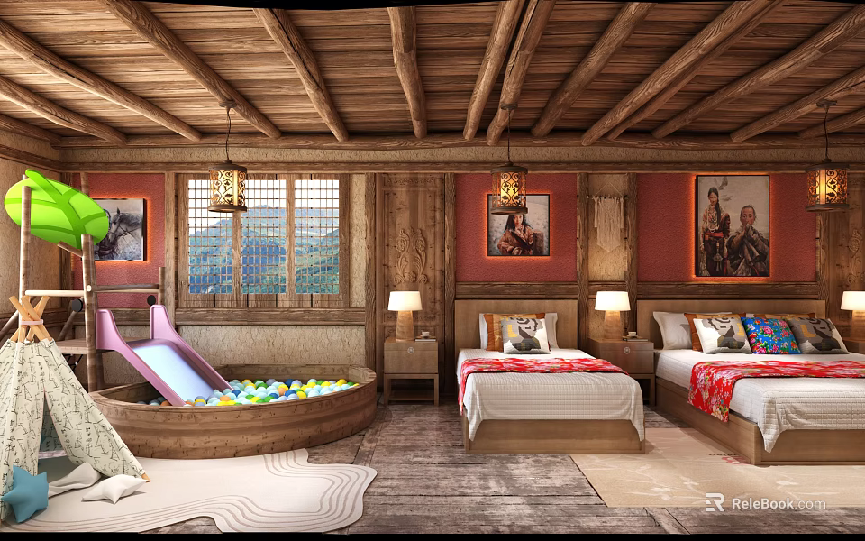 Cozy Kids Bedroom With Wooden Ceiling Chandeliers Mountain View Windows Two Beds And Play Area 3d model 