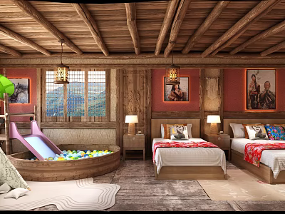 Cozy Kids Bedroom With Wooden Ceiling Chandeliers Mountain View Windows Two Beds And Play Area 3d model