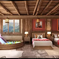 Cozy Kids Bedroom With Wooden Ceiling Chandeliers Mountain View Windows Two Beds And Play Area