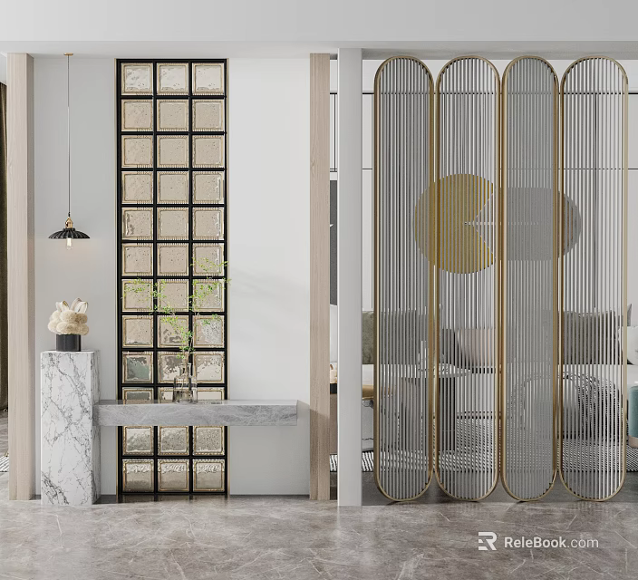 Modern Interior With Grid And Arched Metal Room Dividers And Decorative Elements 3d model