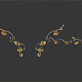 Golden Flowering Plants with Curved Silver Vines on Black Background and Shiny Reflections
