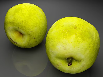 Two Yellow Apples With Speckled Skin Displayed On Grey Reflective Surface 3d model