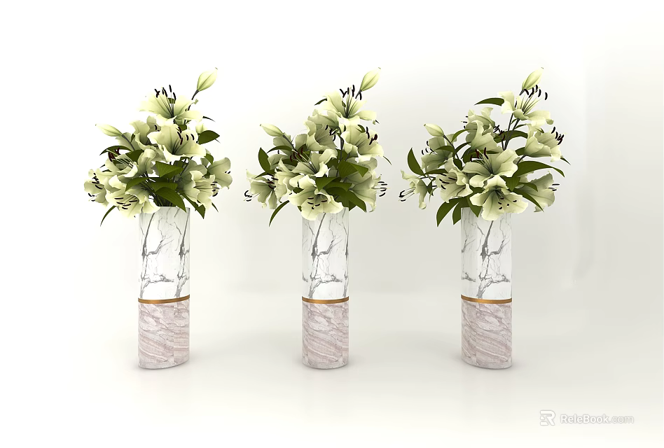 Three Transparent Vases With White Flowers And Green Leaves On Marble Base 3d model 