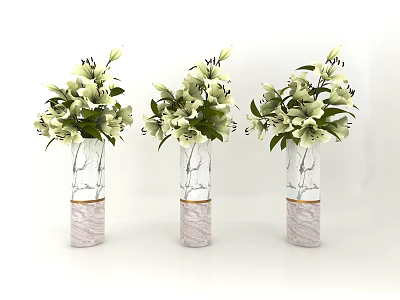 Three Transparent Vases With White Flowers And Green Leaves On Marble Base 3d model