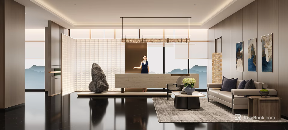 Stylish New Chinese Hotel Lobby With Elegant Reception Desk And Cozy Lounge Interior Design 3d model 