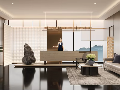 Stylish New Chinese Hotel Lobby With Elegant Reception Desk And Cozy Lounge Interior Design 3d model