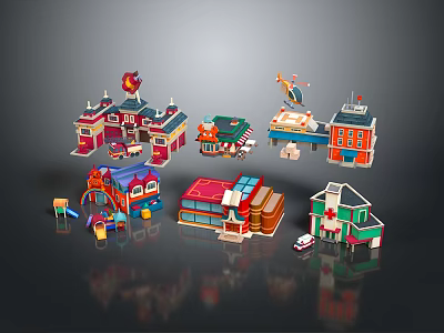 Colorful Cartoon Style Small Building Models With Various Houses Shops Vehicles And Decorative Figures 3d model