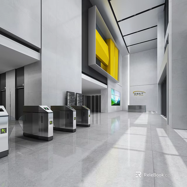 Modern Lobby Reception Desk With Turnstiles Elevators Large Screen And Yellow Accent Wall 3d model 