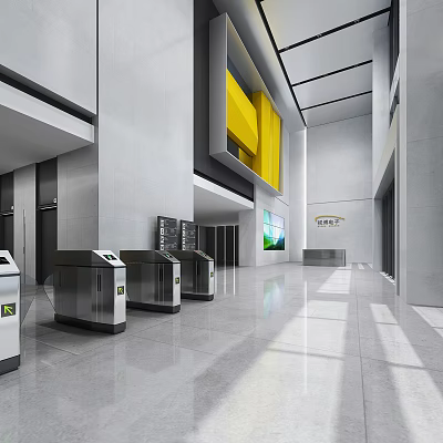 Modern Lobby Reception Desk With Turnstiles Elevators Large Screen And Yellow Accent Wall 3d model
