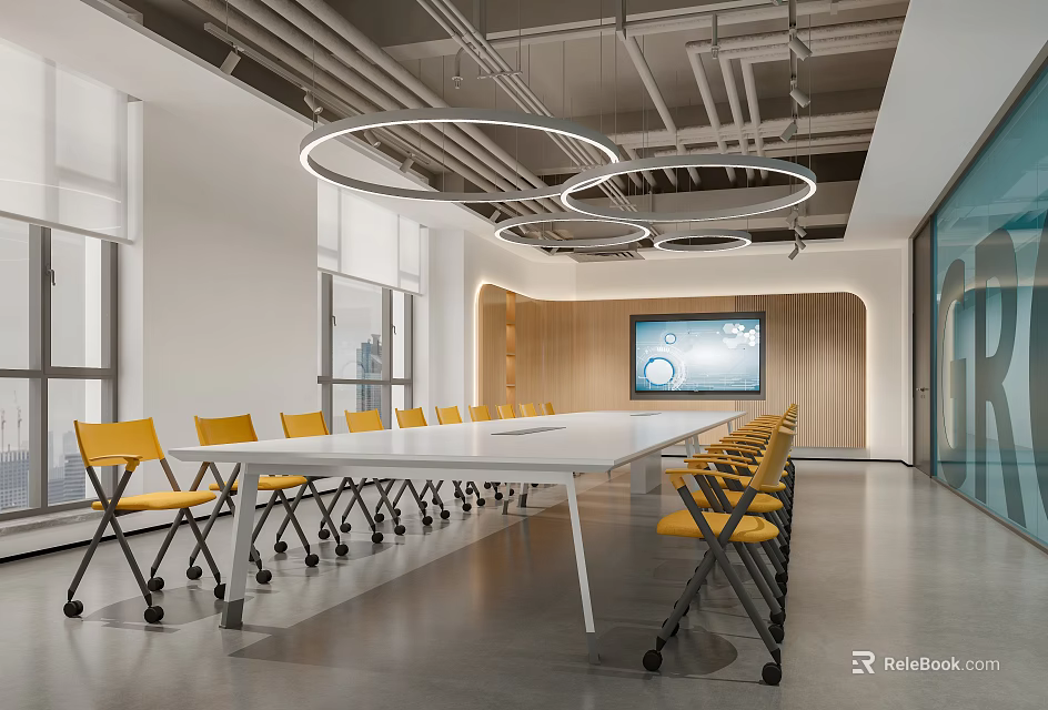 Modern Meeting Room Design With Long Table Yellow Chairs Large Screen And Industrial Ceiling 3d model 