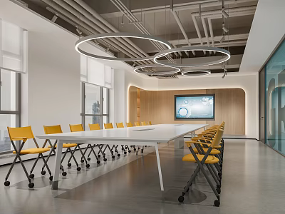 Modern Meeting Room Design With Long Table Yellow Chairs Large Screen And Industrial Ceiling 3d model