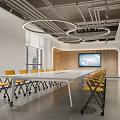 Modern Meeting Room Design With Long Table Yellow Chairs Large Screen And Industrial Ceiling