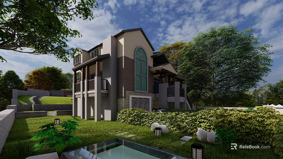Modern Single-family Villa Exterior Design With Lush Greenery And Garden Pool 3d model 