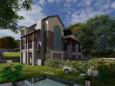 Modern Single-family Villa Exterior Design With Lush Greenery And Garden Pool 3d model
