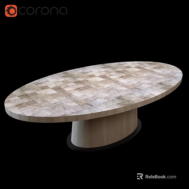 Oval Dining Table With Patched Wood Grain Tabletop And Solid Wooden Base 3d model