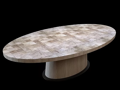 Oval Dining Table With Patched Wood Grain Tabletop And Solid Wooden Base 3d model