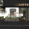 Cozy Café Exterior With Green Awning Signboard Outdoor Seating And Plants