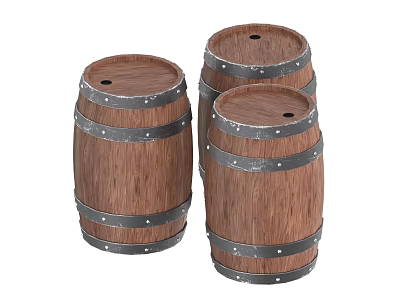 Three Rustic Wooden Barrels with Metal Hoops and Classic Design 3d model