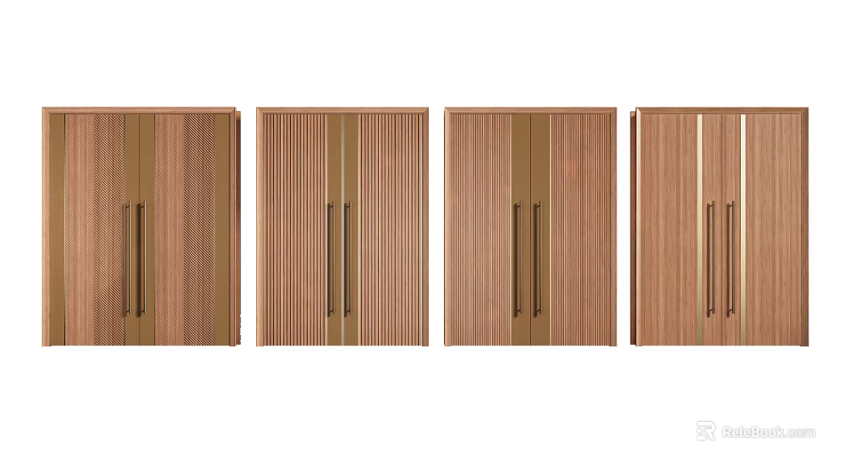 Wooden Double Doors With Various Textured Panels And Metal Handles For Modern Interior 3d model 