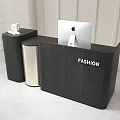 Modern Black Reception Desk With FASHION Sign Apple Computer Arched Wall And Potted Plant
