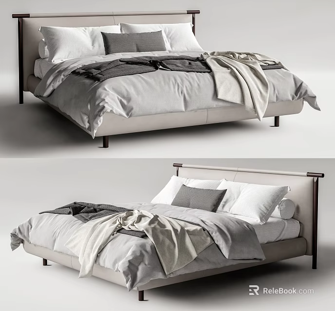 Modern Double Bed Interior Design with Upholstered Headboard Linen Bedding White Gray Pillows 3d model 