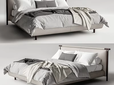 Modern Double Bed Interior Design with Upholstered Headboard Linen Bedding White Gray Pillows 3d model