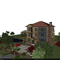 Detached Villa Featuring Red Roof Yellow Exterior Lush Green Garden Pond And Driveway