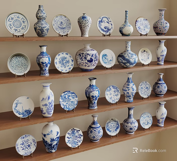 Traditional Blue and White Ceramic Vessels with Vases and Plates Displayed on Wooden Shelves 3d model 
