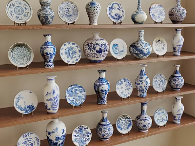 Traditional Blue and White Ceramic Vessels with Vases and Plates Displayed on Wooden Shelves 3d model