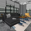 Modern Office Interior With Exposed Pipes Sofa Desk Yellow Chairs Gray Floor