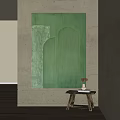 Large Green Abstract Painting On Gray Wall With Small Table White Vase And Books